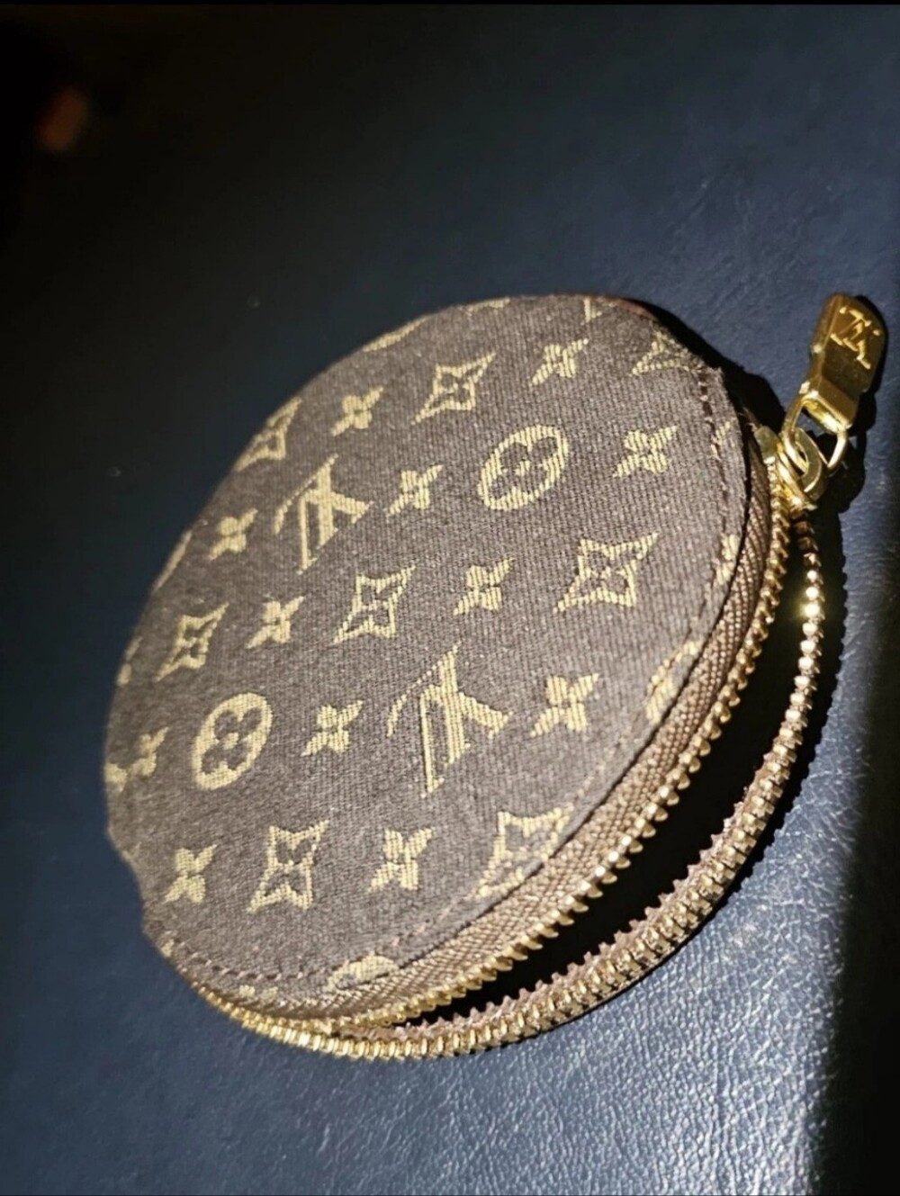 Louis Vuitton Mini Lin Brown Monogram Round Coin Pouch with Gold Hardware
